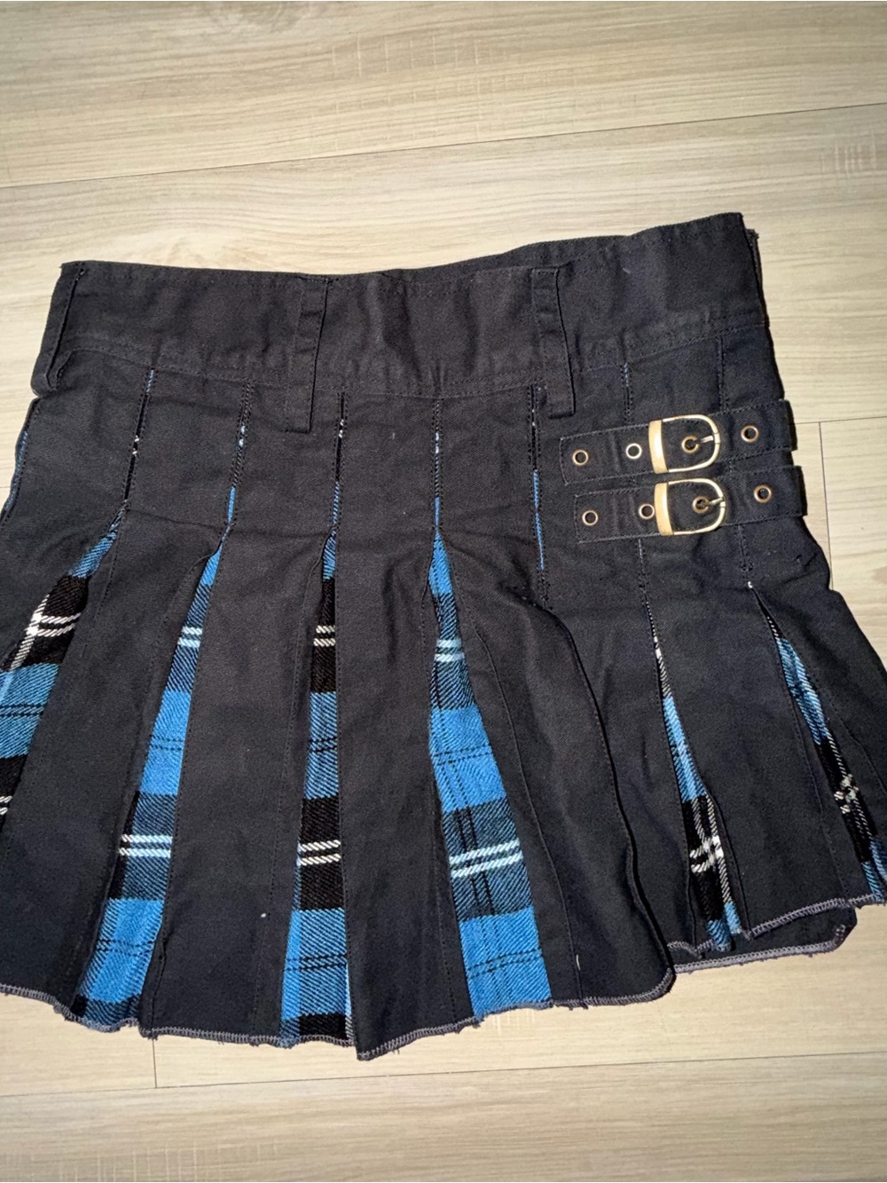 DSS Kilts adjustable Black and Blue Plaid Pleated Mini Skirt with Buckle Detail